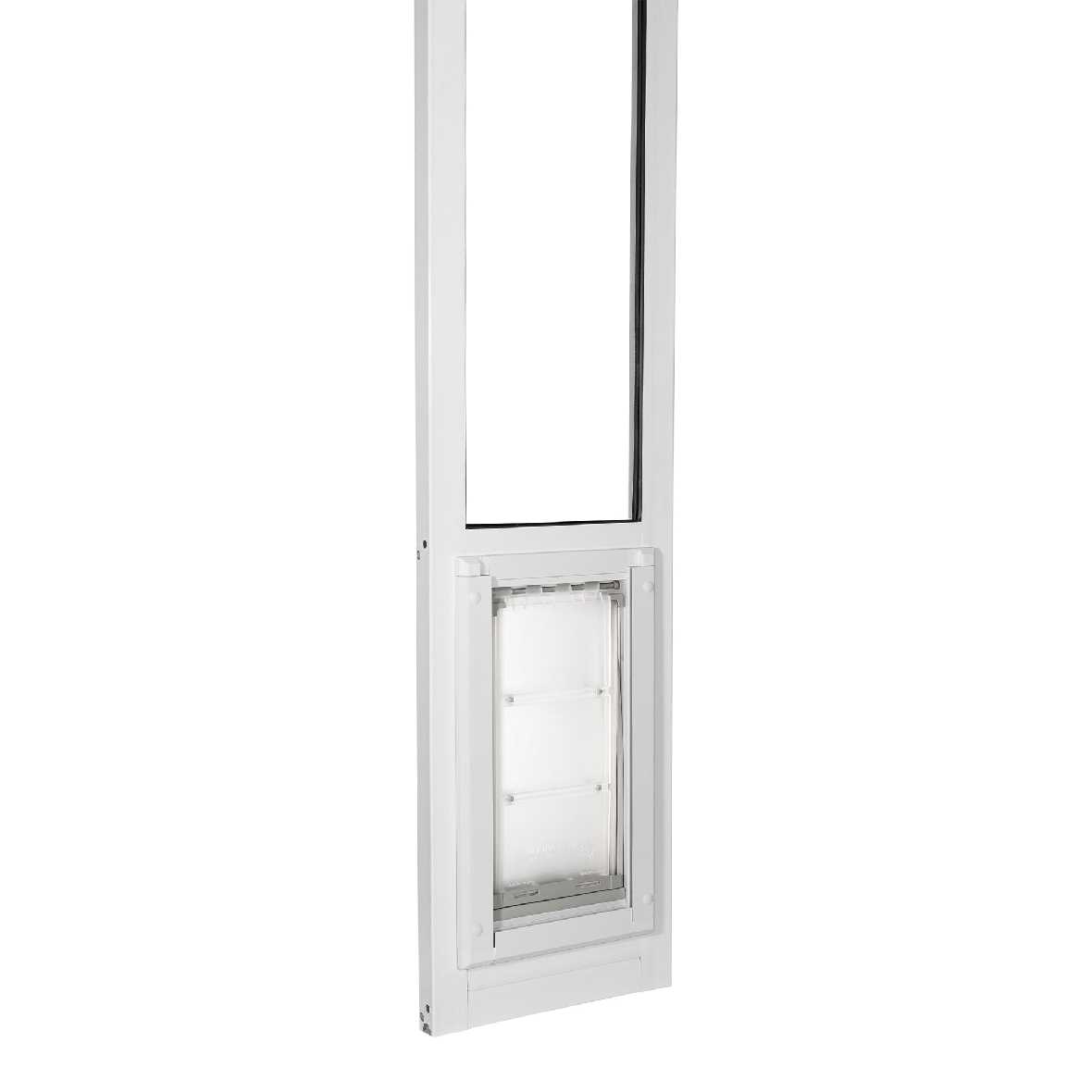 White sliding glass door insert with a pet door.