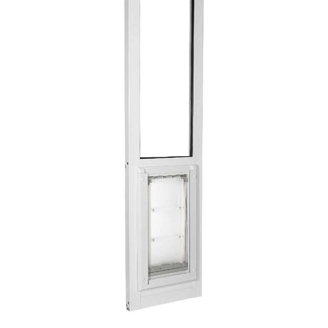 White sliding glass door insert with a pet door.