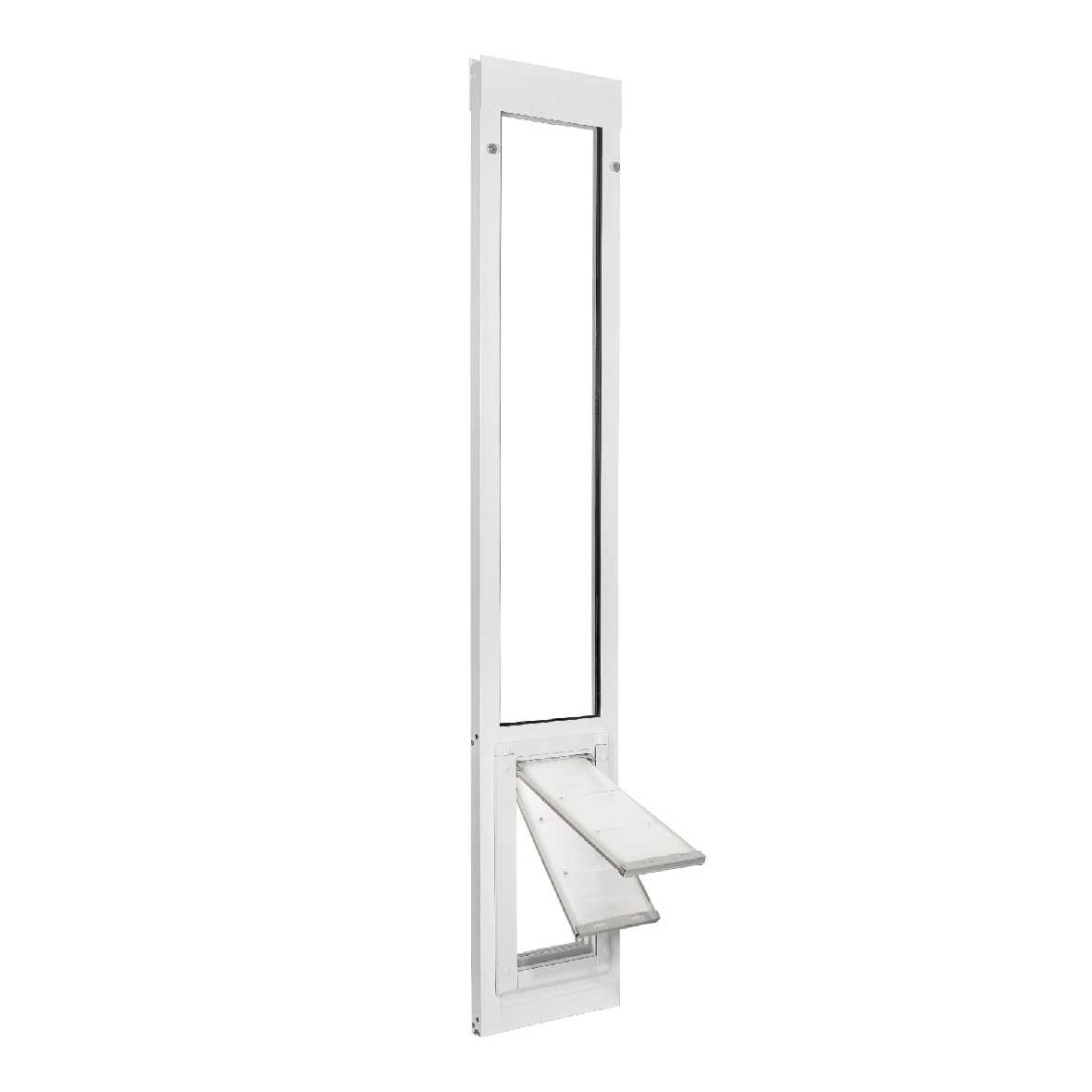 A white sliding glass door insert with a pet door featuring two angled flaps.