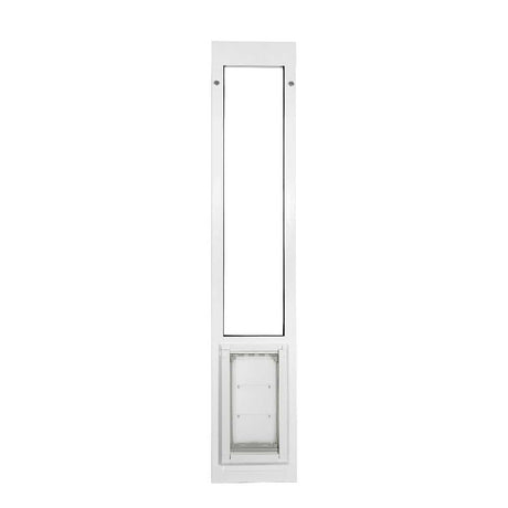 A white, vertically-oriented sliding glass door insert with a pet door.