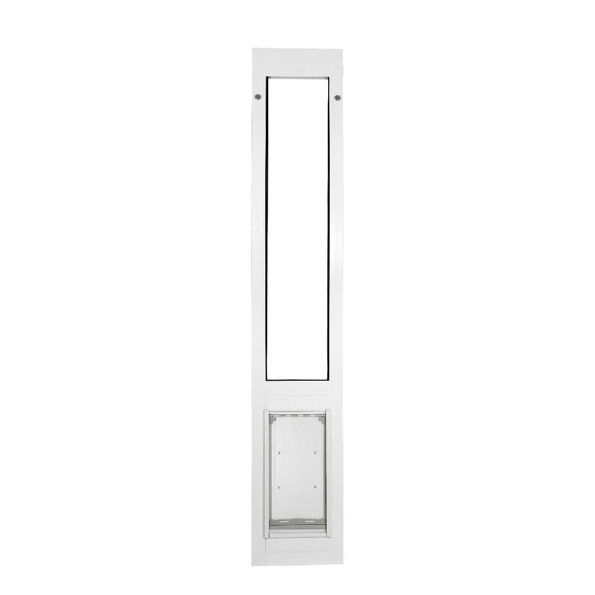 A white, narrow, rectangular frame with an opening at the top and a pet door insert at the bottom.