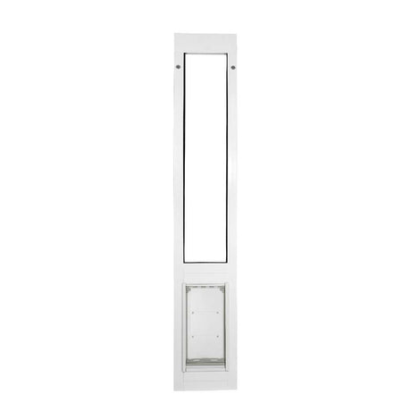 A white, narrow, rectangular frame with an opening at the top and a pet door insert at the bottom.
