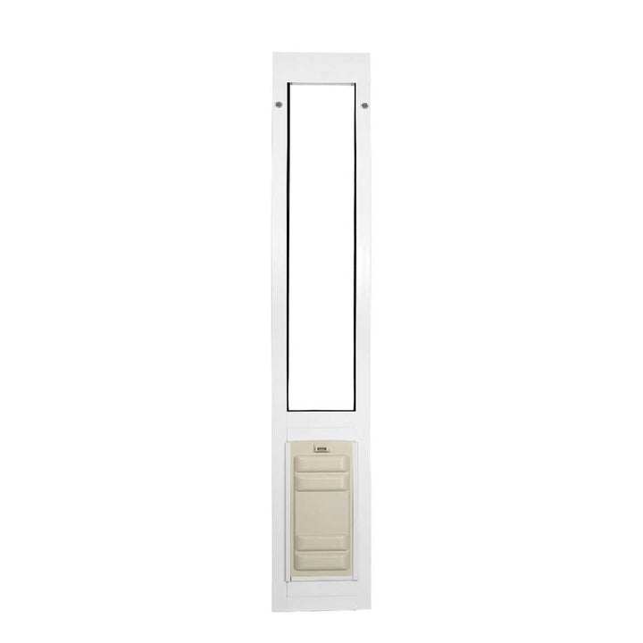 A white sliding glass door insert with a pet door.
