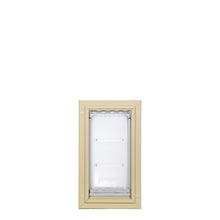 Tan-framed dog door insert on a white background.