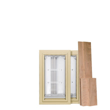 Two tan framed pet doors and wooden panels.