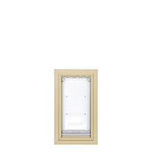 A pet door with a light brown frame is shown on a white background.