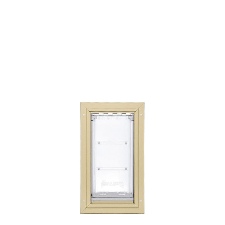A pet door with a light brown frame is shown on a white background.