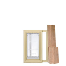A tan-framed pet door with a clear flap is shown next to two wood panels.