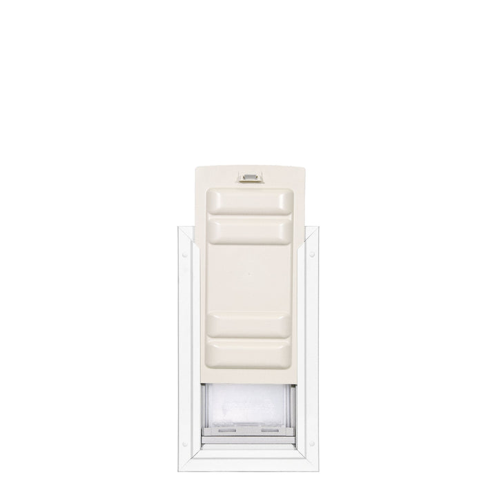 A pet door with a closed panel.