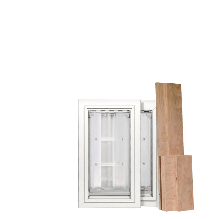 Two white-framed pet doors and three pieces of wood are on a white background.