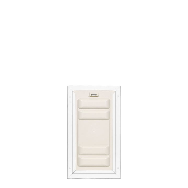 White pet door with a locking mechanism.