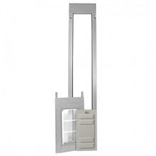 A pet door and vertical sliding frame on a white background.