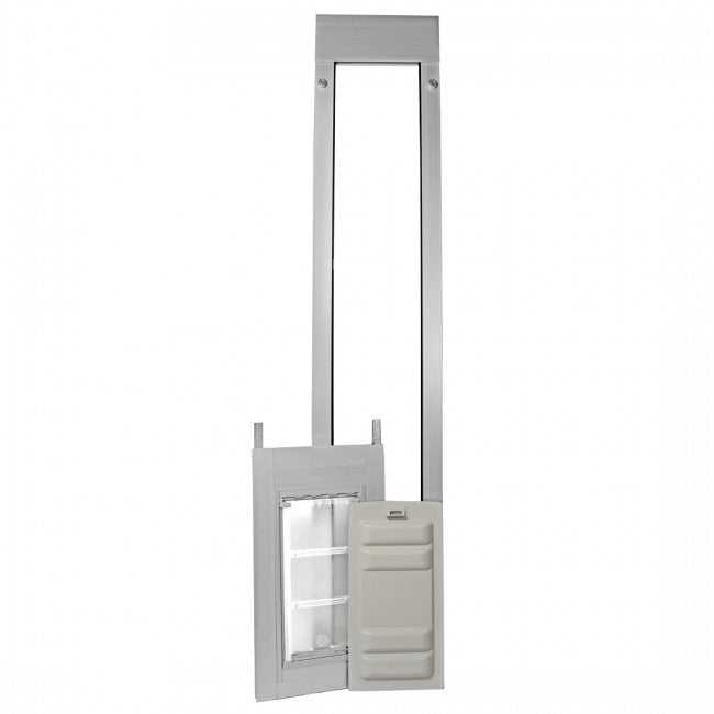A pet door and vertical sliding frame on a white background.