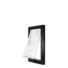 Black framed pet door with a transparent flap.