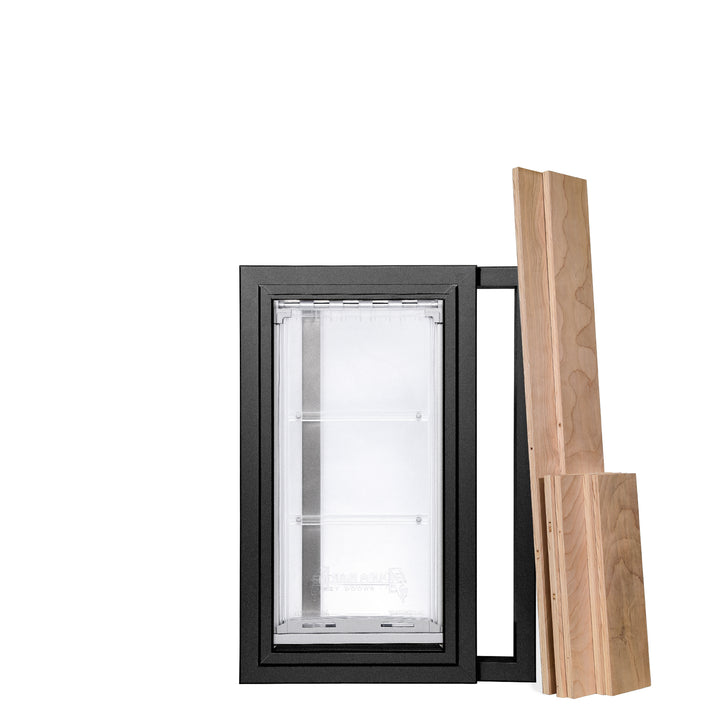 A pet door with a black frame and wooden planks on a white background.