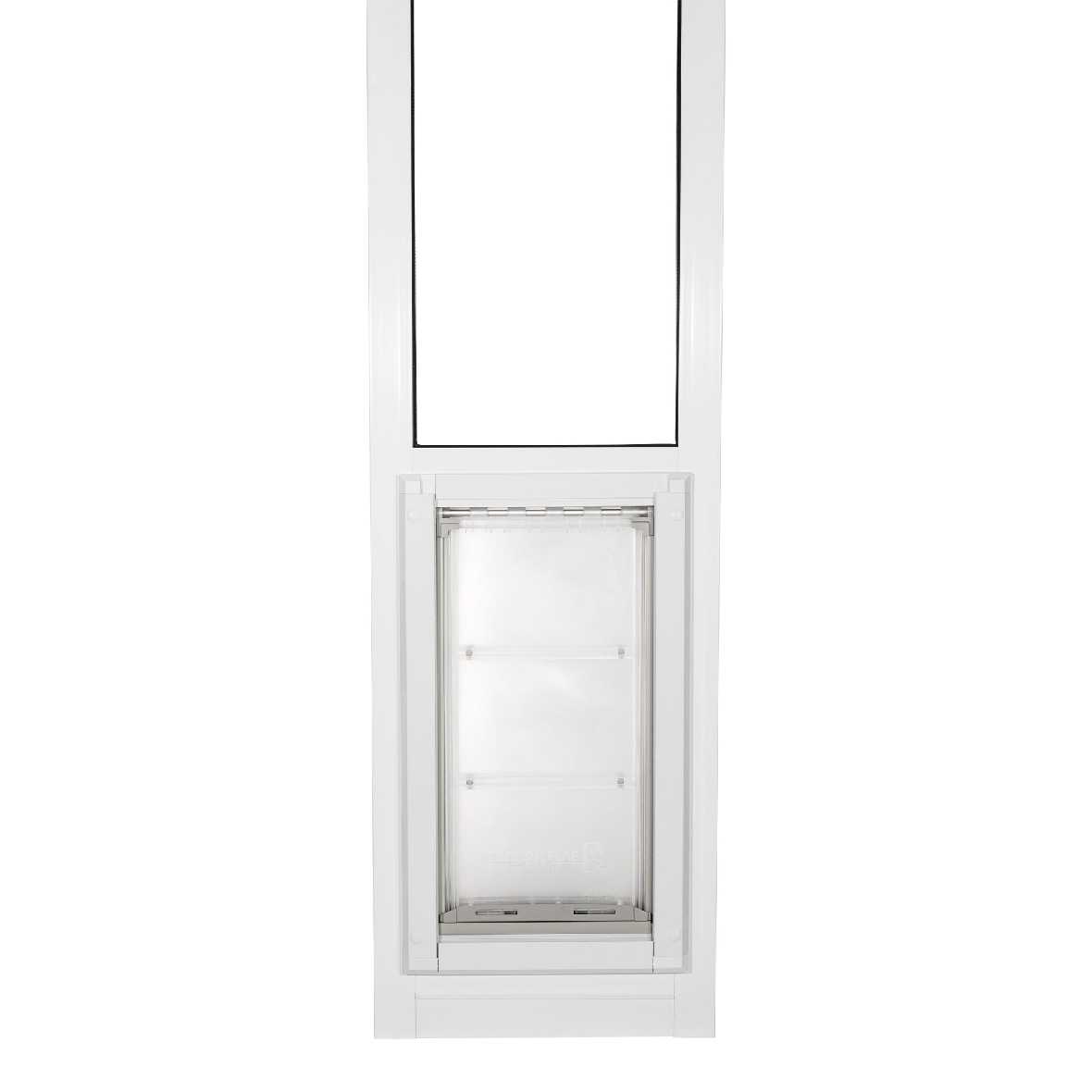White pet door with top window.