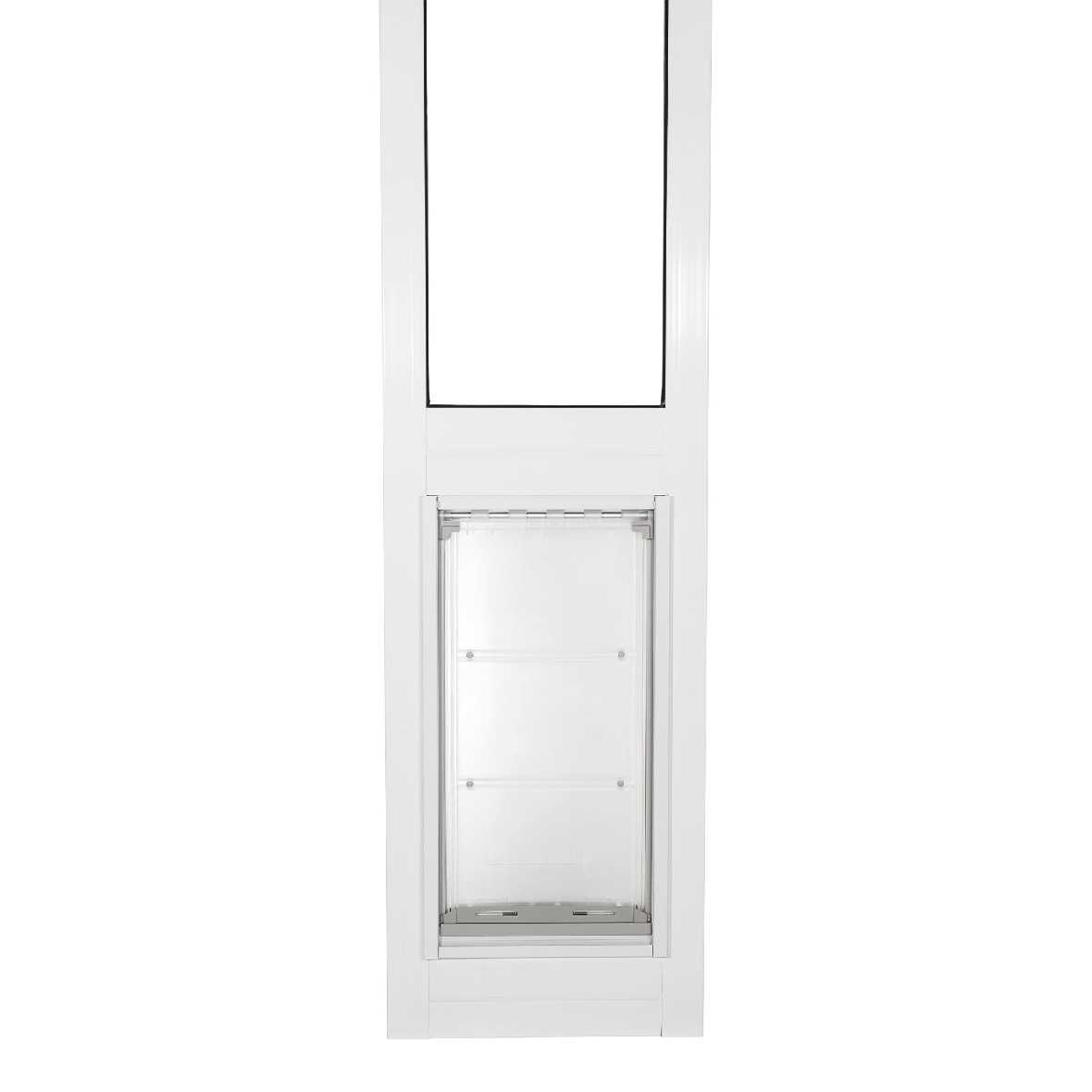 White pet door installed in a sliding glass door frame.