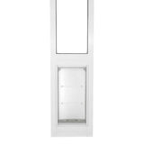 White pet door installed in a sliding glass door frame.