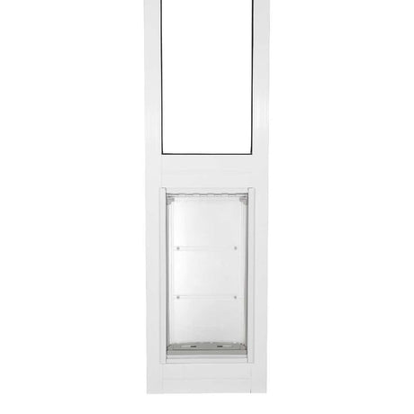 White pet door installed in a sliding glass door frame.