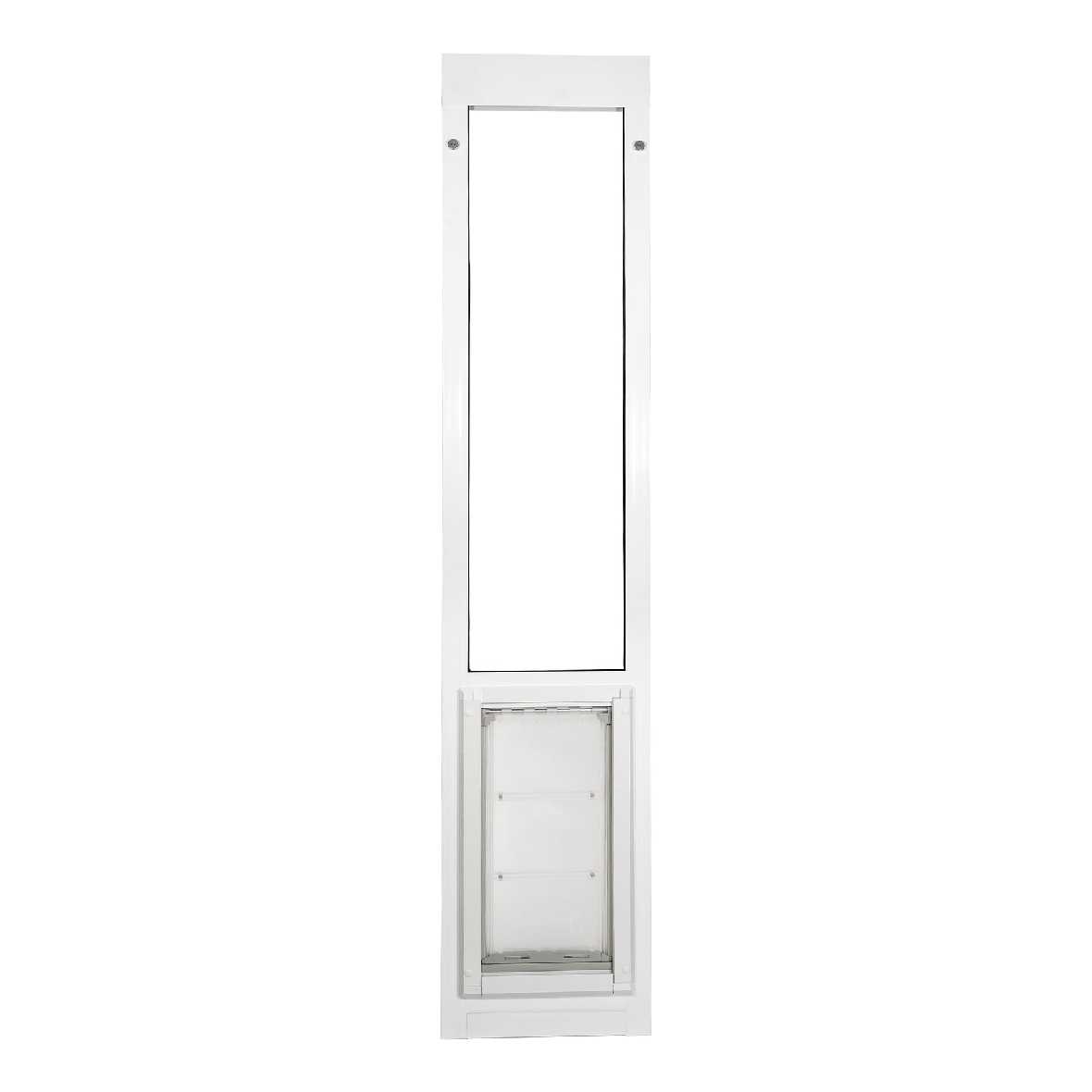 White-framed sliding glass door insert with pet door.