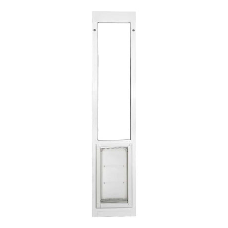 White-framed sliding glass door insert with pet door.