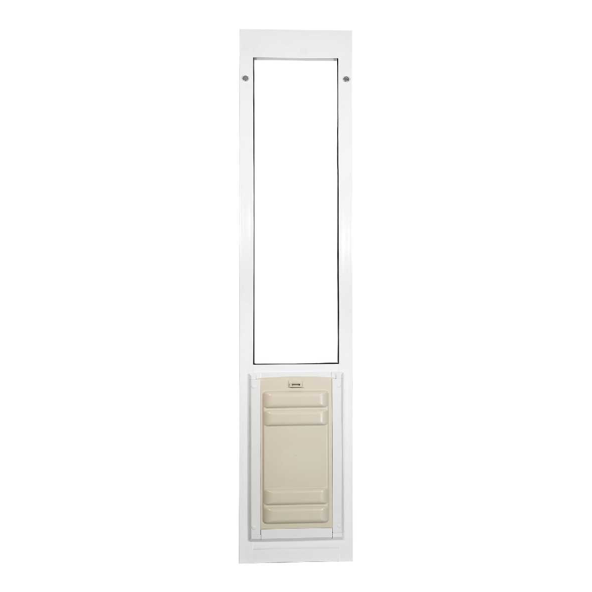 A white framed pet door insert for a sliding glass door.