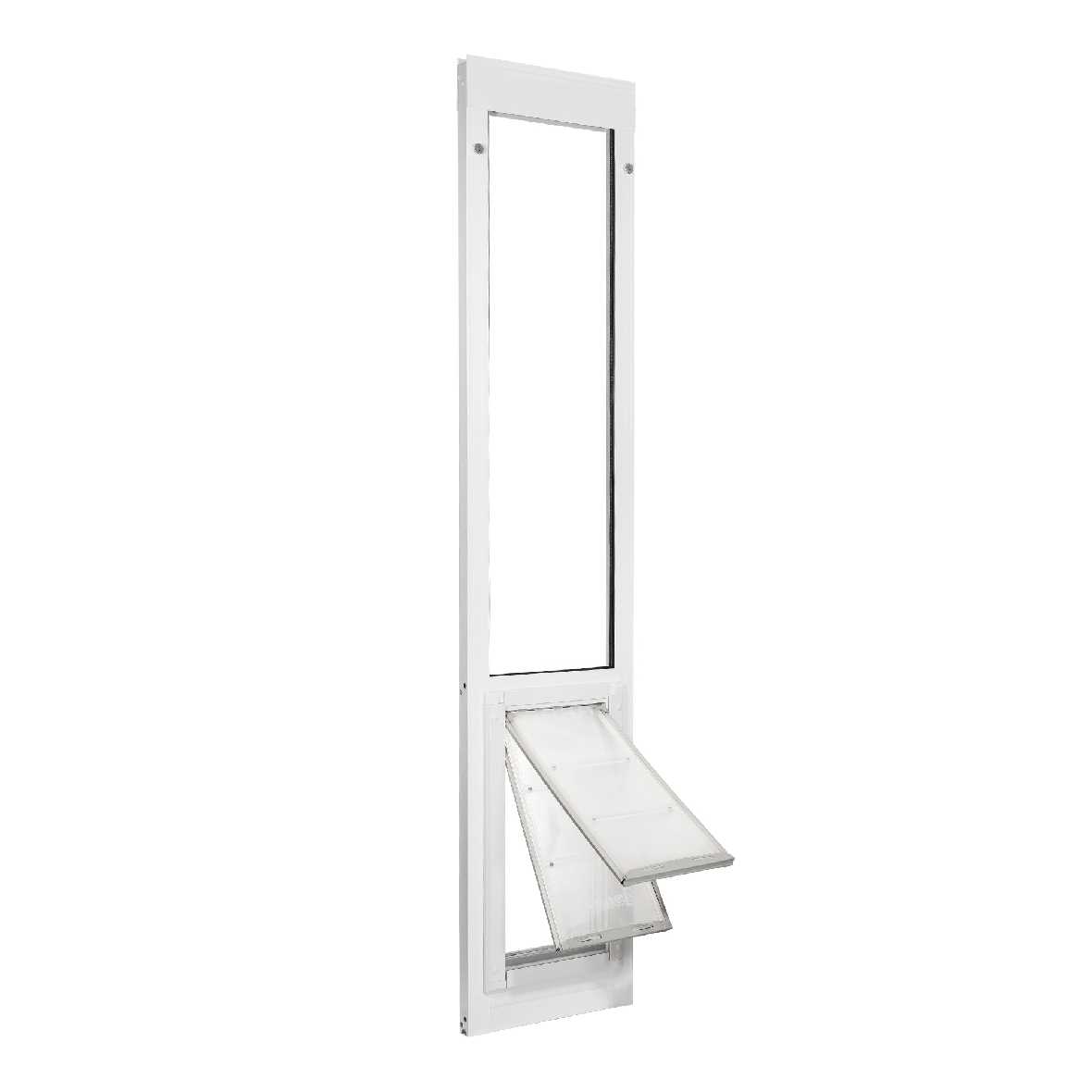 White sliding glass door insert with a pet door.