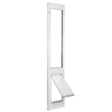 White-framed sliding glass door insert with a pet door and partially opened flap_Color_White