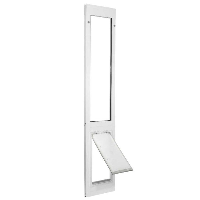 White-framed sliding glass door insert with a pet door and partially opened flap.