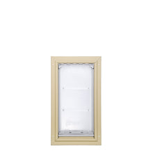 A pet door with a tan frame against a white background.