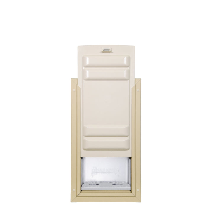 A beige-framed pet door with a sliding panel is shown on a white background.