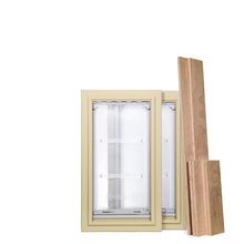 Two beige-framed dog doors and wooden panels against a white background.