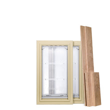 Two pet doors with tan frames and a stack of wood panels on a white background.