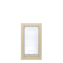 A pet door with a tan frame and a clear flap.