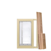 Tan pet door frame with clear flaps and wood planks on a white background.