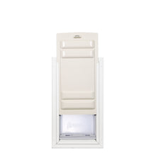 A white framed pet door with a cream-colored, sliding panel.