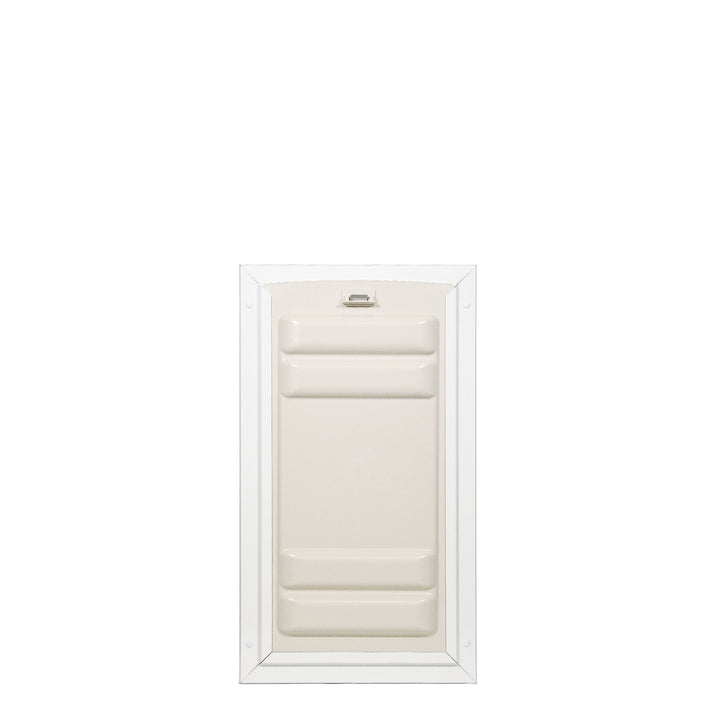 Beige pet door with white frame.