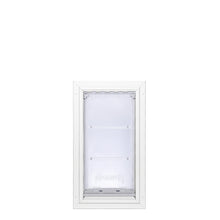 A white-framed Endura Flap pet door.