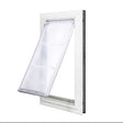 White-framed pet door with a translucent flap.