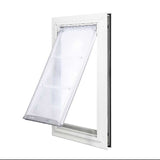 White-framed pet door with a translucent flap.