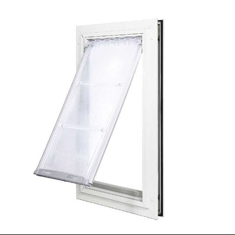 White-framed pet door with a translucent flap.