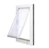White-framed pet door with a translucent flap.