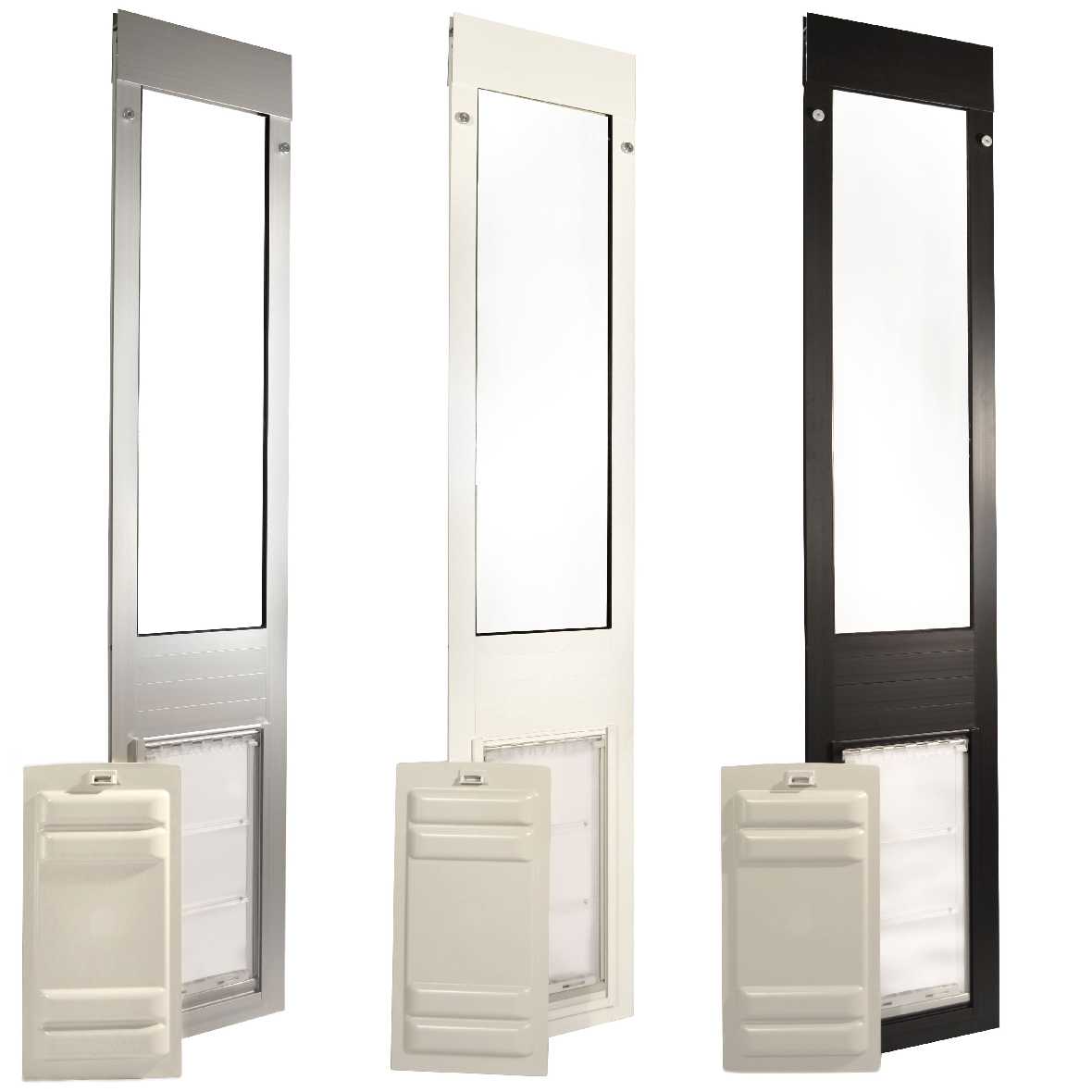 Three sliding glass door pet door inserts in silver, white, and black.