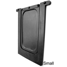 Black rectangular mudflap with mounting hardware, angled view.