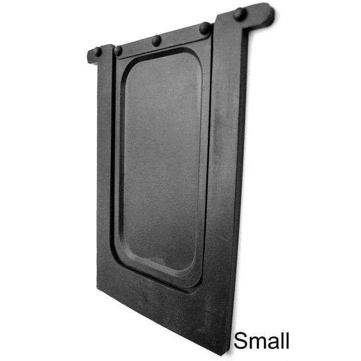 Black rectangular mudflap with mounting hardware, angled view.
