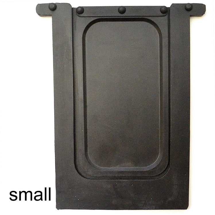 Black rectangular rubber mud flap with raised rounded rectangle and four round fasteners.