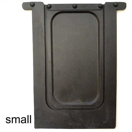 Black rectangular rubber mud flap with raised rounded rectangle and four round fasteners.