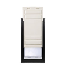 A pet door with a closing panel and a clear flap, set in a dark frame, against a white background.