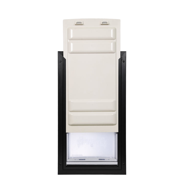 A pet door with a closing panel and a clear flap, set in a dark frame, against a white background.