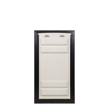 A white pet door with a black frame, shown on a white background.